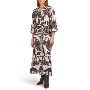 WHITE CLOSET Black/white Linen Blend Long Sleeve Floral Shirt Maxi Dress